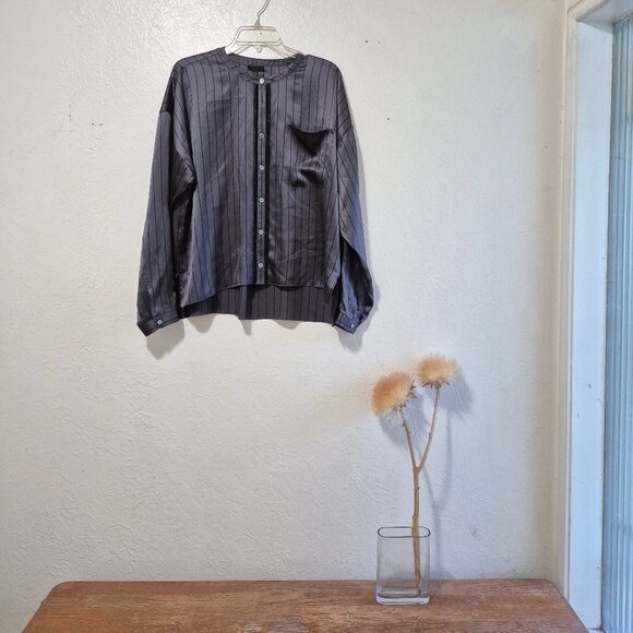 ATM Grey Silk Striped Tuxedo Pajama Blouse Size L Designer WorkMenswearInspired - Picture 1 of 16